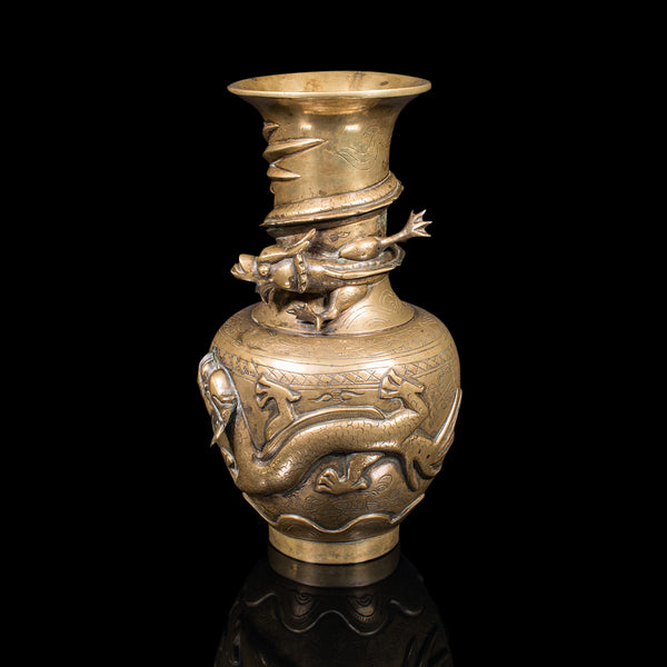 Antique Decorative Vase, Chinese, Brass, Flower Urn, Dragon Motif, Victorian