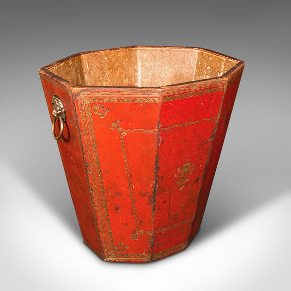 Antique Drawing Room Paper Bin, English, Leather, Brass, Office Basket, Georgian