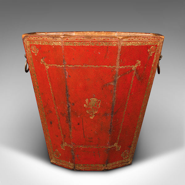 Antique Drawing Room Paper Bin, English, Leather, Brass, Office Basket, Georgian