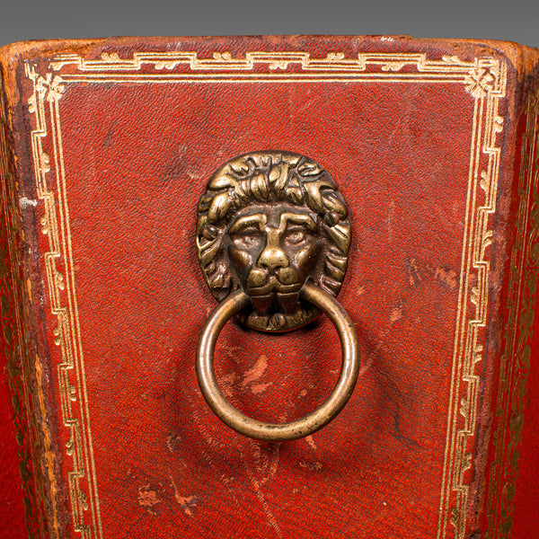 Antique Drawing Room Paper Bin, English, Leather, Brass, Office Basket, Georgian