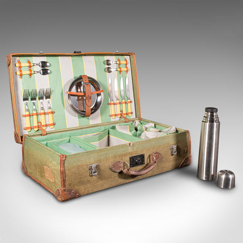 Vintage Touring Picnic Set, English, Canvas, Leather, Case, Mid Century, C.1950