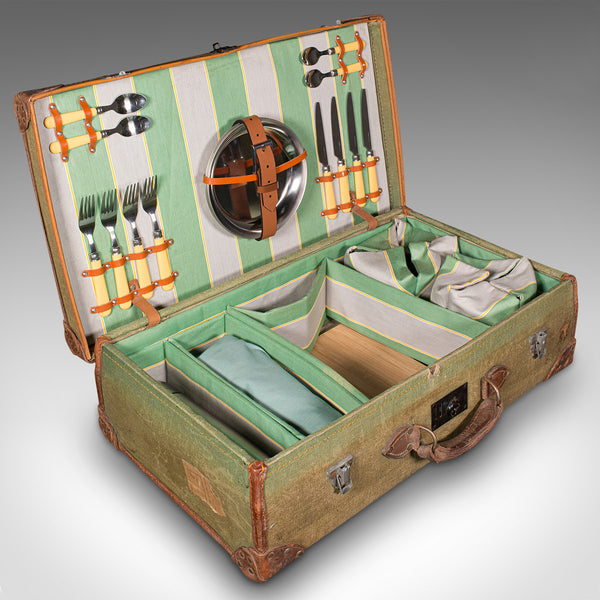 Vintage Touring Picnic Set, English, Canvas, Leather, Case, Mid Century, C.1950