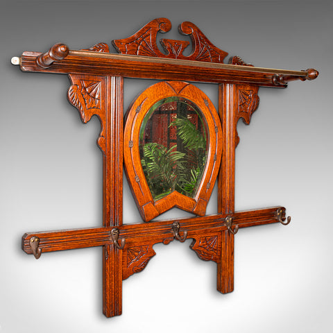 Antique Cheltenham Mirror, English, Oak, Hallway Rack, Cloak Hooks, Edwardian