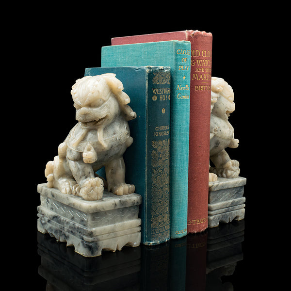 Pair Of Vintage Oriental Dog Bookend, Chinese, Soapstone, Dog of Fo, Victorian