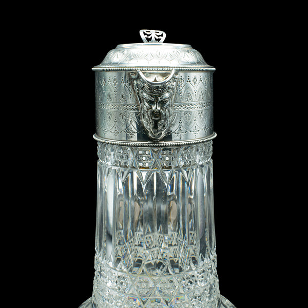 Antique Claret Jug, English, Cut Glass, Silver Plate, Decanter, Victorian, 1900