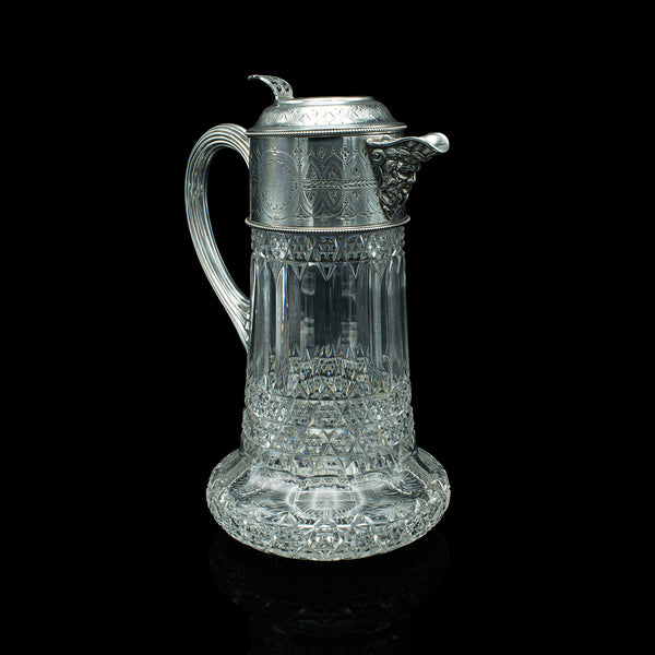 Antique Claret Jug, English, Cut Glass, Silver Plate, Decanter, Victorian, 1900