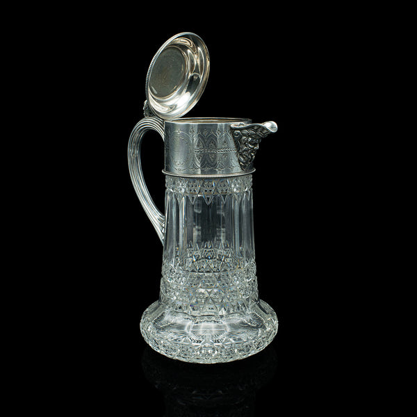 Antique Claret Jug, English, Cut Glass, Silver Plate, Decanter, Victorian, 1900