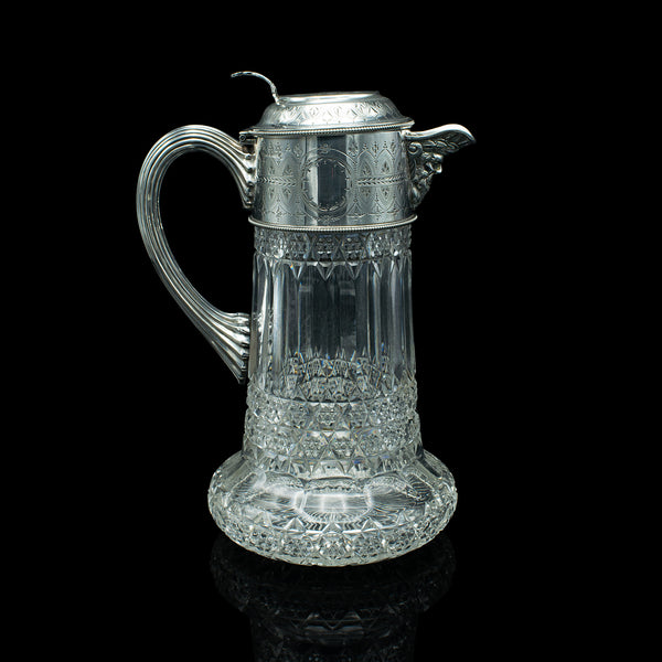 Antique Claret Jug, English, Cut Glass, Silver Plate, Decanter, Victorian, 1900