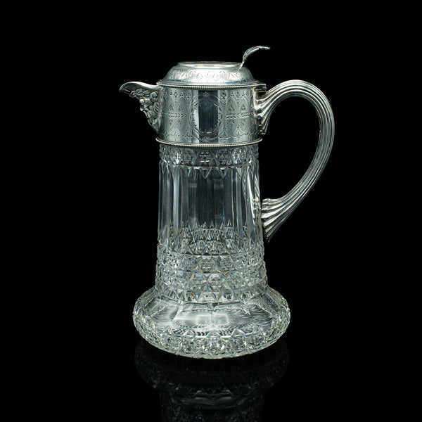 Antique Claret Jug, English, Cut Glass, Silver Plate, Decanter, Victorian, 1900