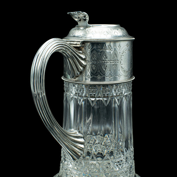 Antique Claret Jug, English, Cut Glass, Silver Plate, Decanter, Victorian, 1900