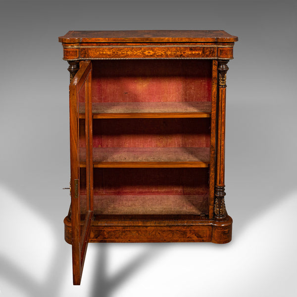 Antique Pier Display Cabinet, English Walnut, Boxwood, Glazed Bookcase, Regency