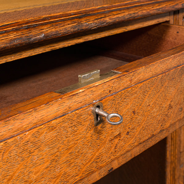 Antique Pedestal Desk, English, Oak, Leather, Nine Drawer, Edwardian, Circa 1910