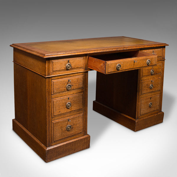 Antique Pedestal Desk, English, Oak, Leather, Nine Drawer, Edwardian, Circa 1910