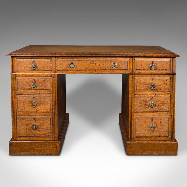 Antique Pedestal Desk, English, Oak, Leather, Nine Drawer, Edwardian, Circa 1910