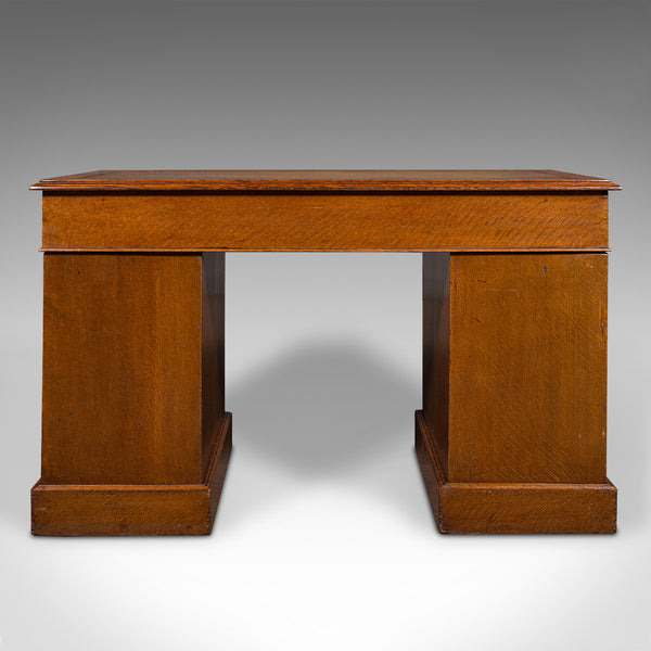 Antique Pedestal Desk, English, Oak, Leather, Nine Drawer, Edwardian, Circa 1910