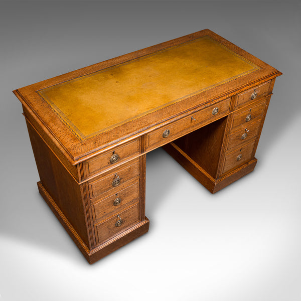 Antique Pedestal Desk, English, Oak, Leather, Nine Drawer, Edwardian, Circa 1910