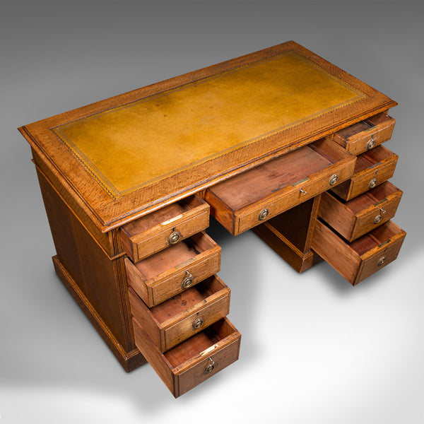 Antique Pedestal Desk, English, Oak, Leather, Nine Drawer, Edwardian, Circa 1910
