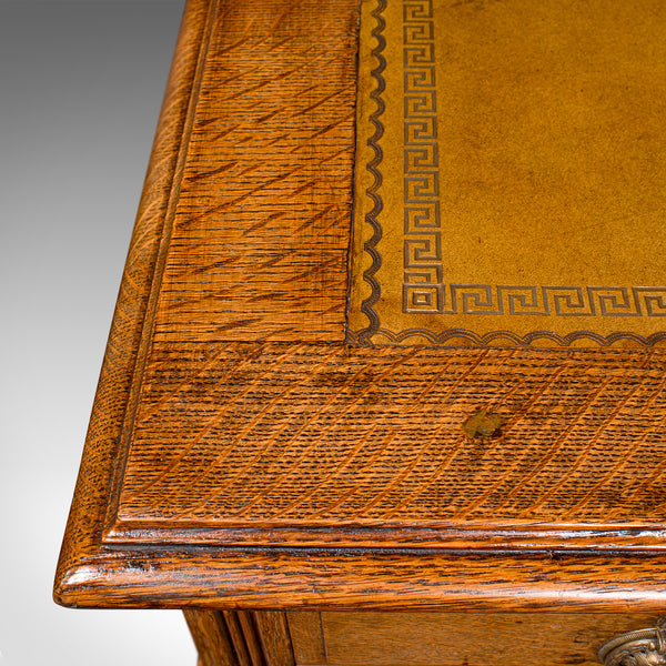Antique Pedestal Desk, English, Oak, Leather, Nine Drawer, Edwardian, Circa 1910