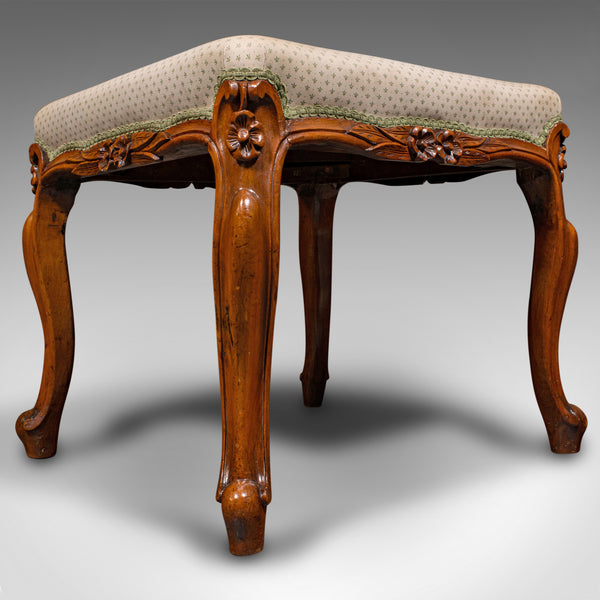 Wide Antique Dressing Stool, English, Walnut Bedroom Seat, Early Victorian, 1840