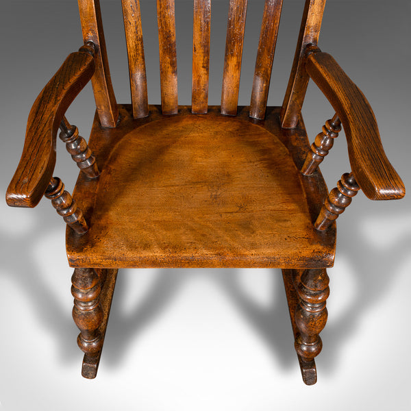 Antique Lath Back Rocking Chair, English Elm, Beech, Elbow Seat, Victorian, 1880