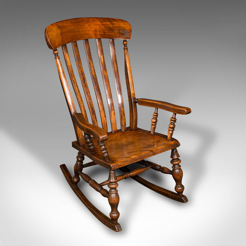 Antique Lath Back Rocking Chair, English Elm, Beech, Elbow Seat, Victorian, 1880