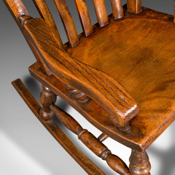 Antique Lath Back Rocking Chair, English Elm, Beech, Elbow Seat, Victorian, 1880