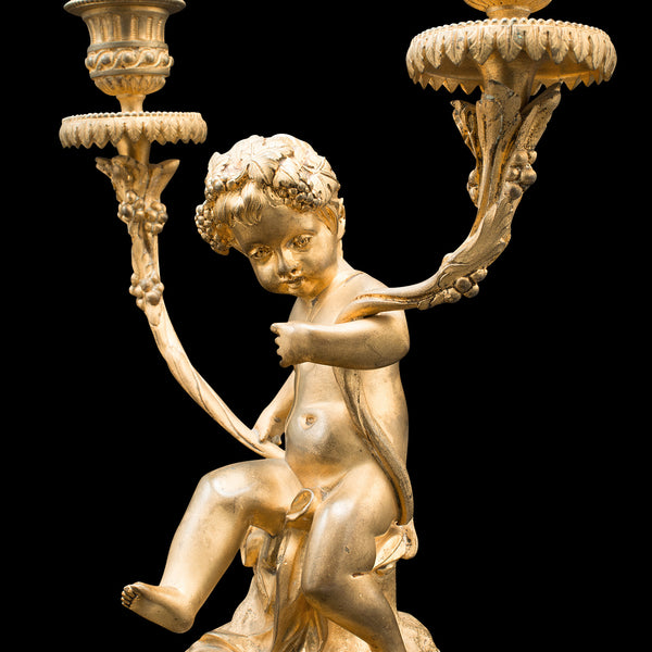 Pair Of Antique Cherubic Candlesticks, French, Gilt, Onyx, Decorative, Victorian