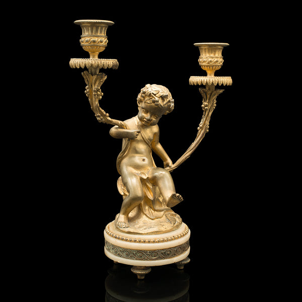 Pair Of Antique Cherubic Candlesticks, French, Gilt, Onyx, Decorative, Victorian