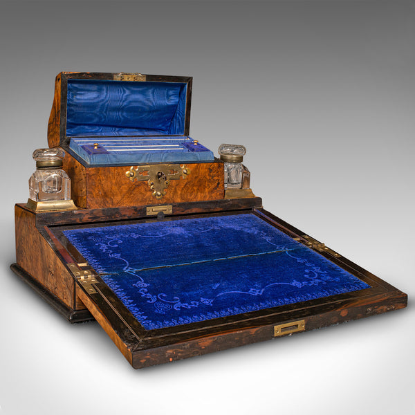Antique Desktop Writing Slope, English Burr Walnut Correspondence Box, Victorian