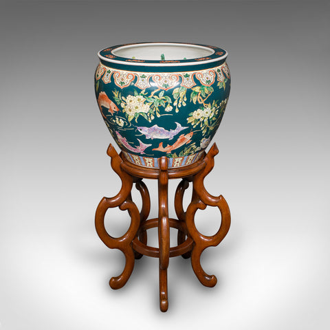 Tall Vintage Planter on Stand, Japanese, Ceramic, Fishbowl Jardiniere, Art Deco