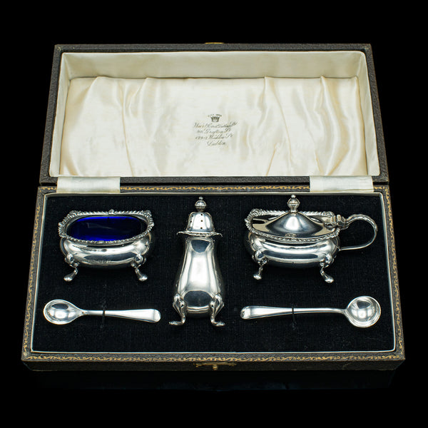 Vintage Cased Condiment Set, English, Silver, Tableware, Hallmarked, Dated 1948