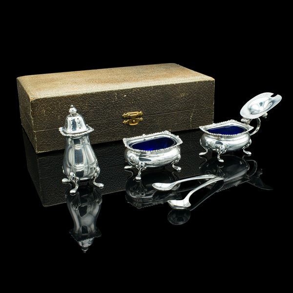 Vintage Cased Condiment Set, English, Silver, Tableware, Hallmarked, Dated 1948