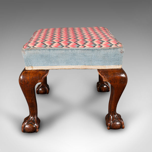 Antique Fireside Stool, English, Needlepoint, Footstool, Early Victorian, C.1850