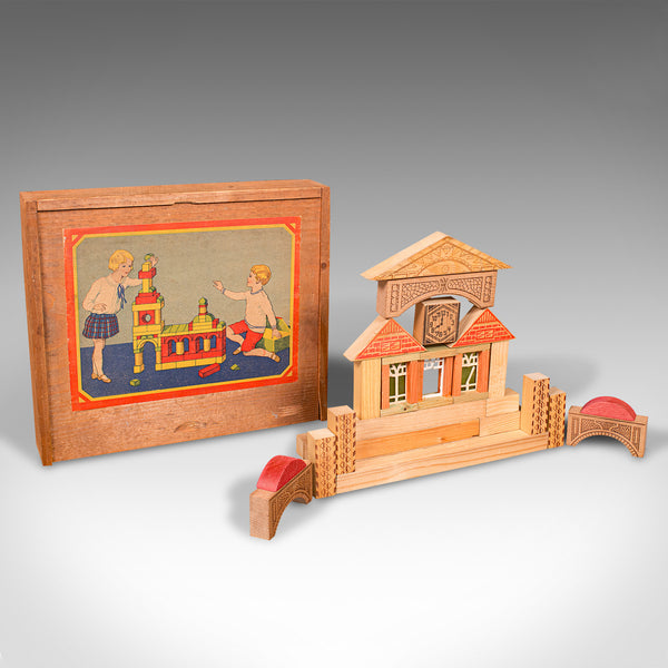 2 Vintage Building Block Sets, German, Pine, Toy Box, After Froebel, Baukasten