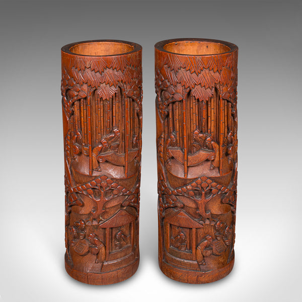 Tall Pair Of Antique Brush Pots, Chinese, Bamboo, Bitong, Flower Vase, Victorian
