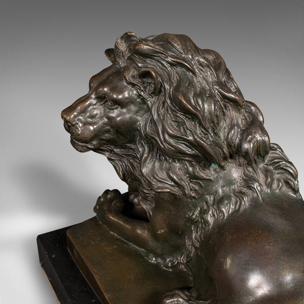 Vintage Recumbent Lion Figure, Continental, Bronze Animal Sculpture, After Barye