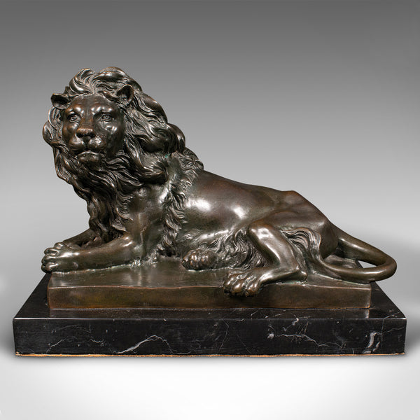 Vintage Recumbent Lion Figure, Continental, Bronze Animal Sculpture, After Barye