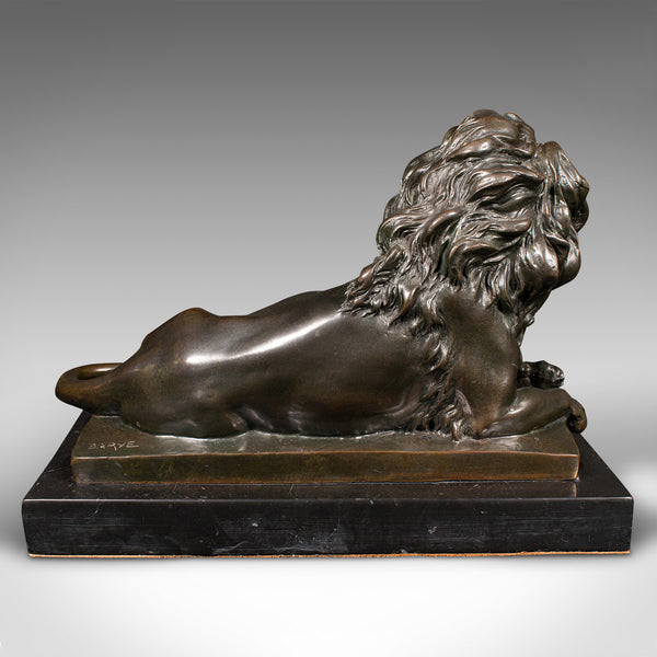 Vintage Recumbent Lion Figure, Continental, Bronze Animal Sculpture, After Barye