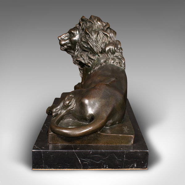 Vintage Recumbent Lion Figure, Continental, Bronze Animal Sculpture, After Barye