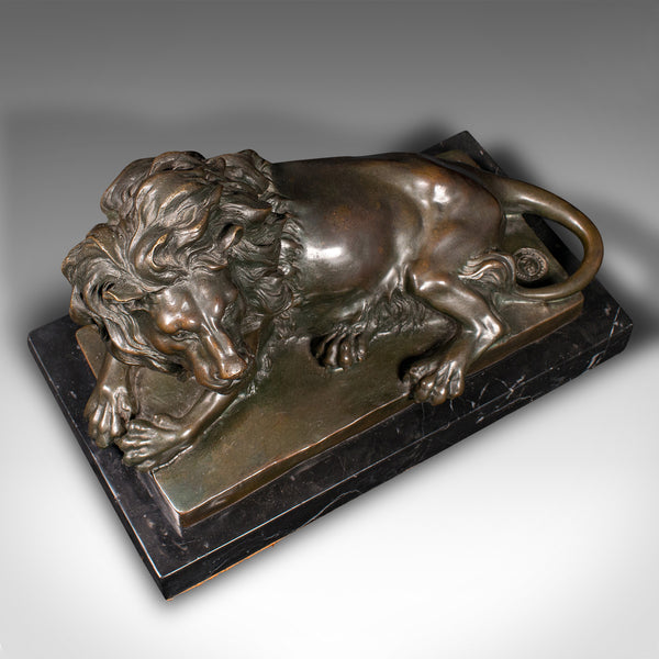 Vintage Recumbent Lion Figure, Continental, Bronze Animal Sculpture, After Barye