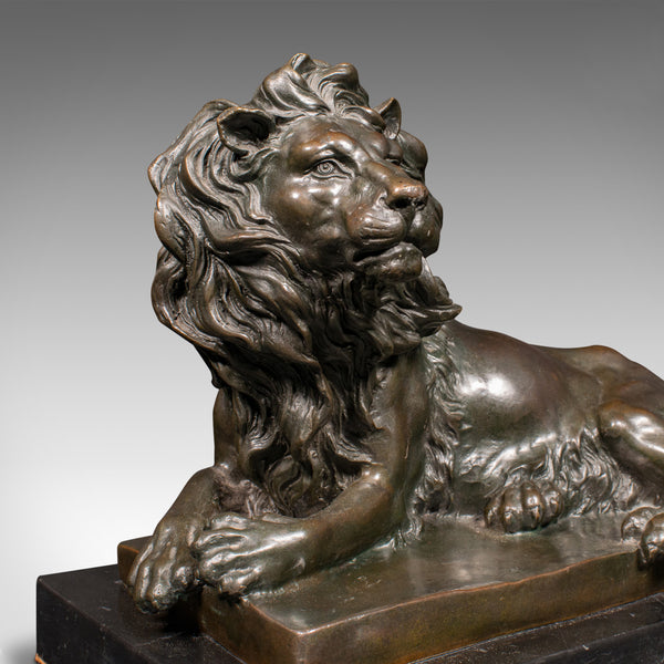 Vintage Recumbent Lion Figure, Continental, Bronze Animal Sculpture, After Barye