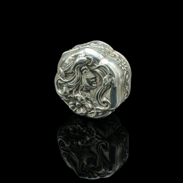 Small Antique Art Nouveau Pill Box, Continental, Silver, Pocket Case, Victorian