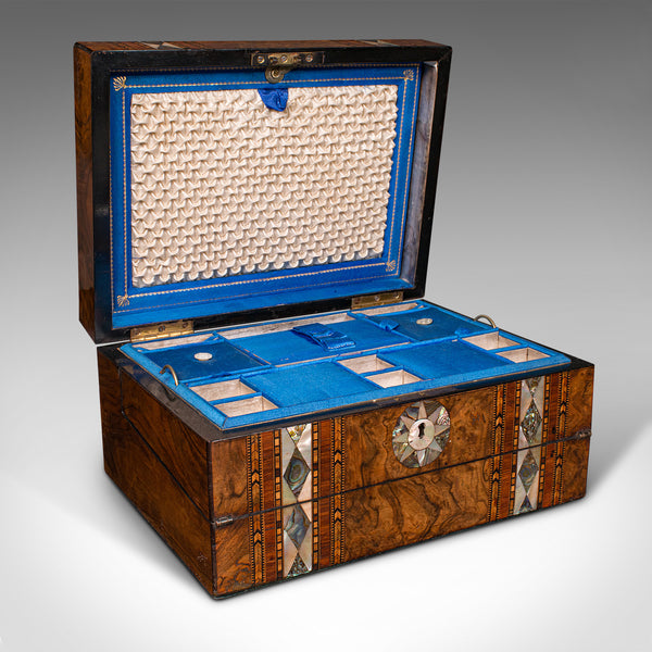 Antique Ladies Utility Box, English, Burr Walnut, Writing Slope, Sewing, Regency