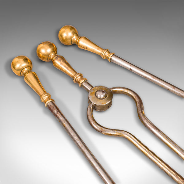 Antique Set Of Fireside Tools, English, Brass, Shovel, Poker, Tongs, Georgian