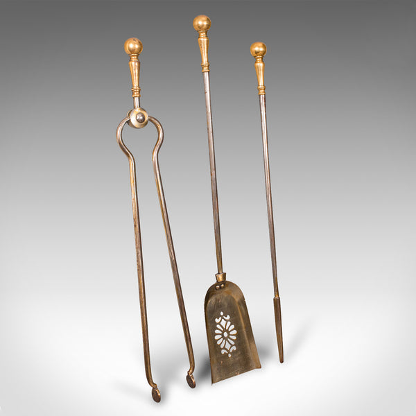 Antique Set Of Fireside Tools, English, Brass, Shovel, Poker, Tongs, Georgian