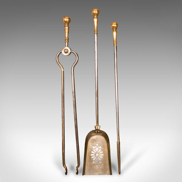 Antique Set Of Fireside Tools, English, Brass, Shovel, Poker, Tongs, Georgian