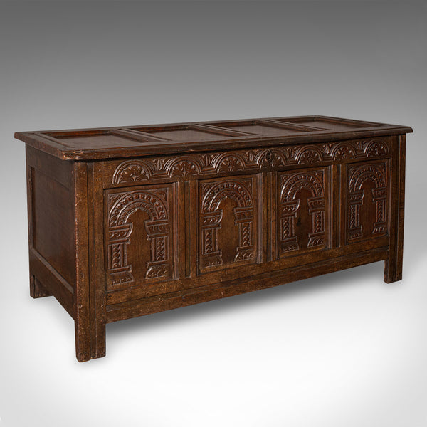 Large Antique Coffer, English, Oak, Carved Trunk, Window Seat, William III, 1700