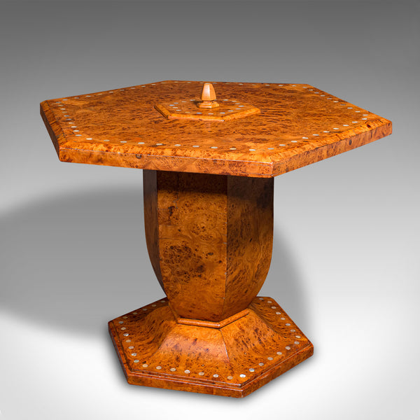 Vintage Hexagonal Coffee Table, English, Burr Walnut, Centrepiece, Art Deco