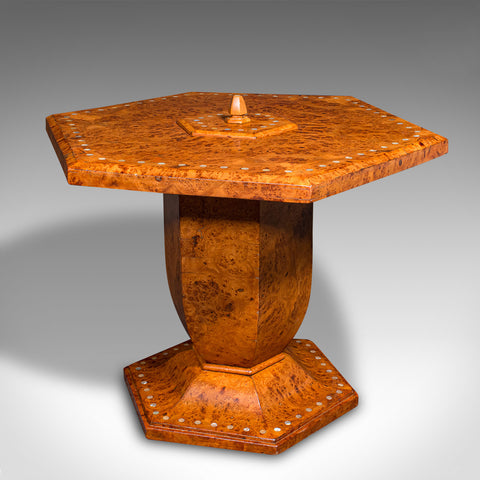 Vintage Hexagonal Coffee Table, English, Burr Walnut, Centrepiece, Art Deco