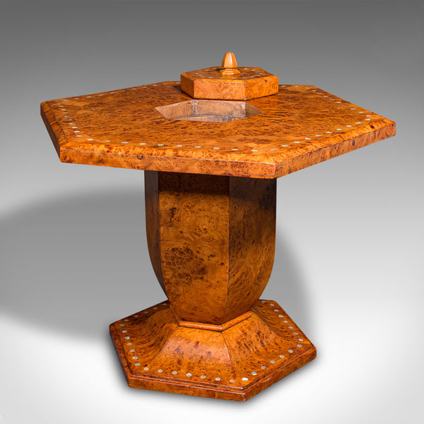 Vintage Hexagonal Coffee Table, English, Burr Walnut, Centrepiece, Art Deco